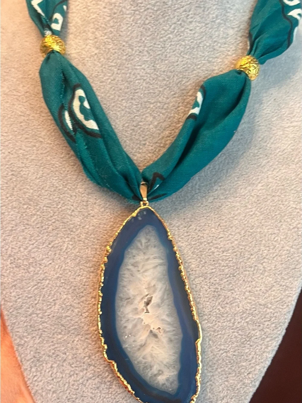 Western Bohemian Peacock Bandana with a Teal Agate Druzy Slice Statement Piece
